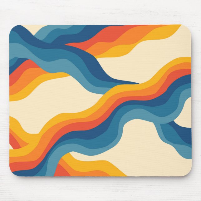 Abstrakt 70s Retro Orange Blue Vågigt Rand Mönster Musmatta (Framsidan)