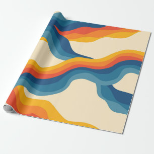 Abstrakt 70s Retro Orange Blue Vågigt Rand Mönster Presentpapper