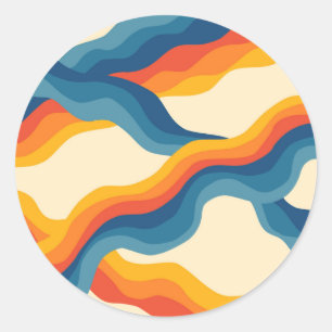 Abstrakt 70s Retro Orange Blue Vågigt Rand Mönster Runt Klistermärke