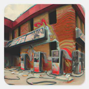 Abstrakt Abandoned Gas Station Ai Art Fyrkantigt Klistermärke