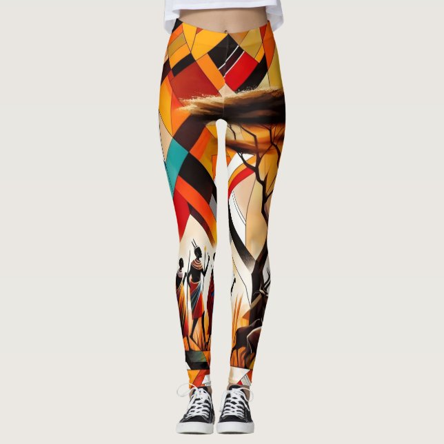 Abstrakt African Art Masai Geometric Leggings (Framsida)