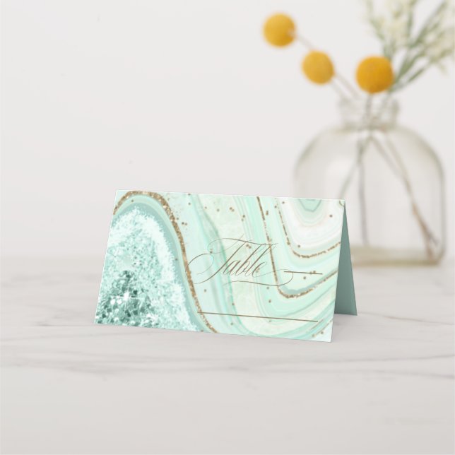 Abstrakt Agate Bröllop Bord Mint ID827 Placeringskort (Framsida)