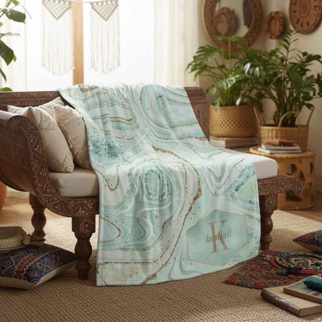 Abstrakt Agate Monogram Mint ID827 Fleecefilt (Skapare uppladdad)