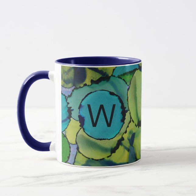 Abstrakt akvarell grön turkos blå monogrammugg mugg (Vänster)