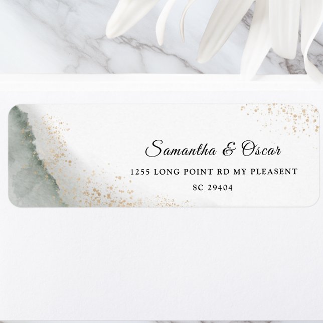 Abstrakt akvarell gröna penseldrag & guld returadress etikett (Skapare uppladdad)