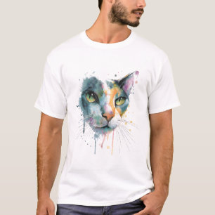 Abstrakt akvarell katt ansikte färgrik konst. t shirt