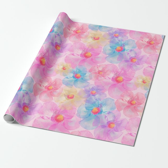 Abstrakt akvarell Rosa, Blå Blommor Presentpapper (Utrullad)