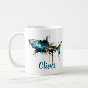 Abstrakt akvarell teal bläckstänk & guld haj kaffemugg
