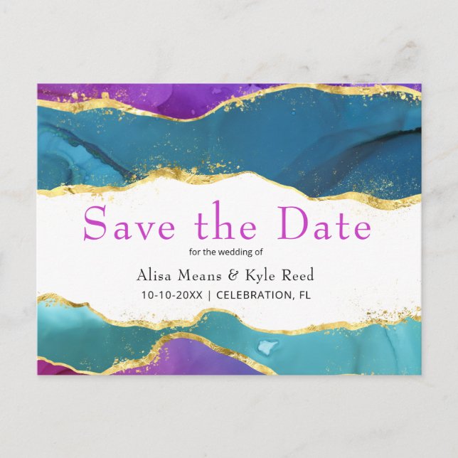 Abstrakt akvarellbläck Fuchsia Rosa Teal Guld Meddelande Vykort (Framsida)