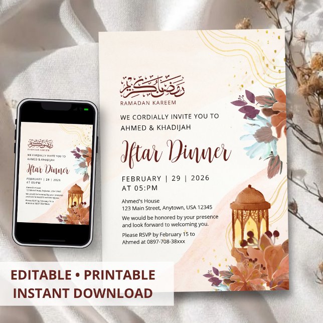 Abstrakt akvarellblomma Ramadan Iftar-middag  Inbjudningar (Skapare uppladdad)