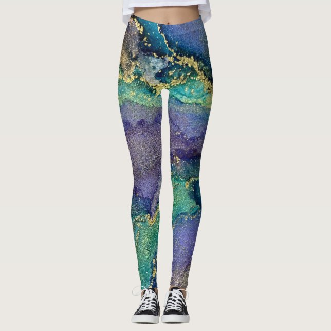 Abstrakt Alcohol Bläck Art Blue Grönt Lila & Guld Leggings (Framsida)