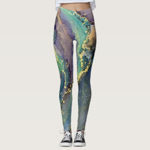 Abstrakt Alcohol Bläck Art Blue Guld Aqua Lila Leggings