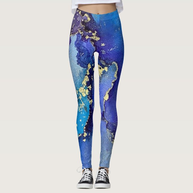 Abstrakt Alcohol Bläck Art Blue Guld Aqua Lila Leggings (Framsida)