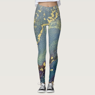 Abstrakt Alcohol Bläck Art Blue Teal och Guld Leggings