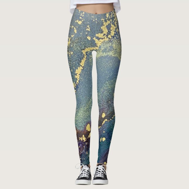 Abstrakt Alcohol Bläck Art Blue Teal och Guld Leggings (Framsida)