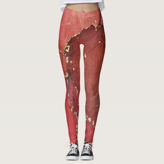 Abstrakt Alcohol Bläck Art Bright Red och Guld Leggings (Framsida)