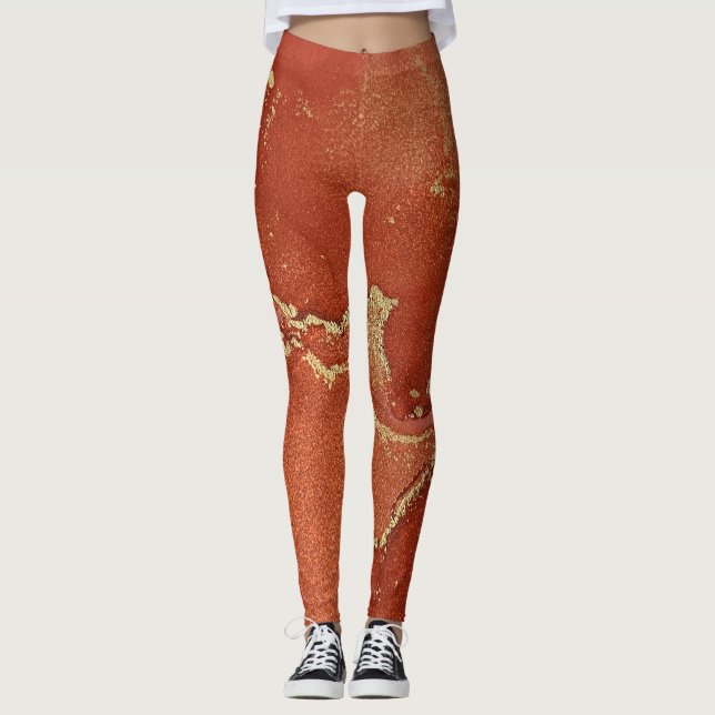 Abstrakt Alcohol Bläck Art Bright Red och Guld Leggings (Framsida)
