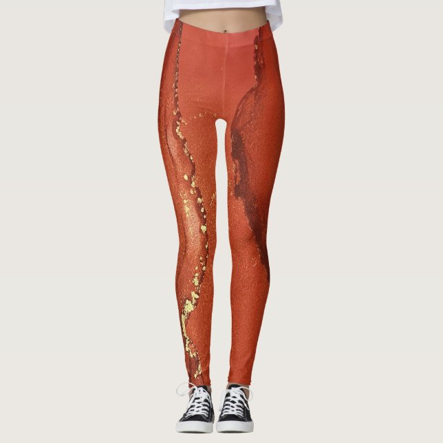 Abstrakt Alcohol Bläck Art Bright Red och Guld Leggings (Framsida)