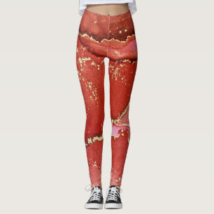 Abstrakt Alcohol Bläck Art Bright Red och Guld Leggings