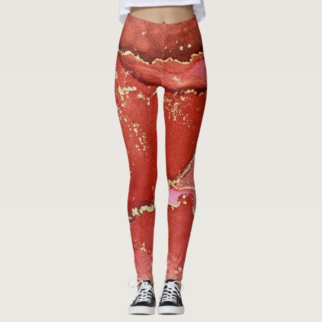 Abstrakt Alcohol Bläck Art Bright Red och Guld Leggings (Framsida)