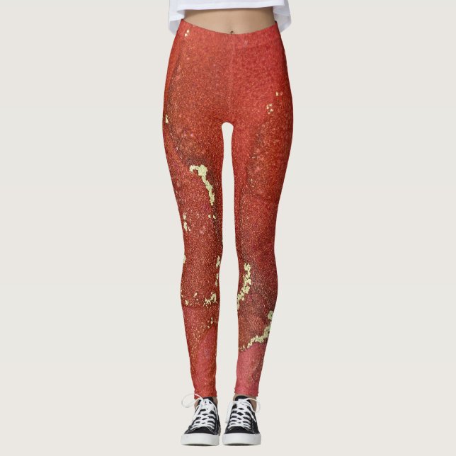 Abstrakt Alcohol Bläck Art Bright Red och Guld Leggings (Framsida)
