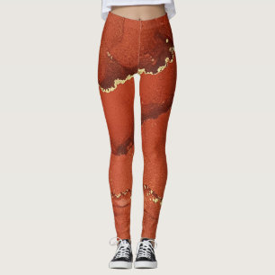 Abstrakt Alcohol Bläck Art Bright Red och Guld Leggings