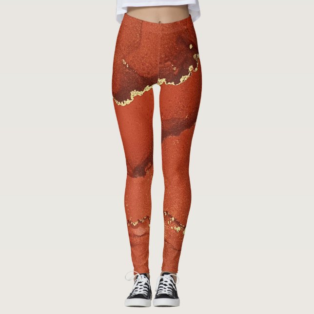 Abstrakt Alcohol Bläck Art Bright Red och Guld Leggings (Framsida)
