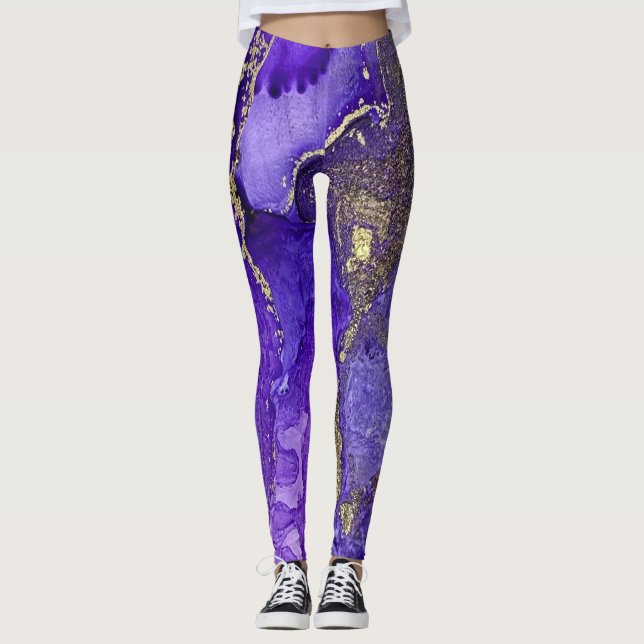 Abstrakt Alcohol Bläck Art Rik Lila med Guld Leggings (Framsida)