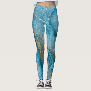 Abstrakt Alcohol Bläck Art Rik Teal & Guld Leggings