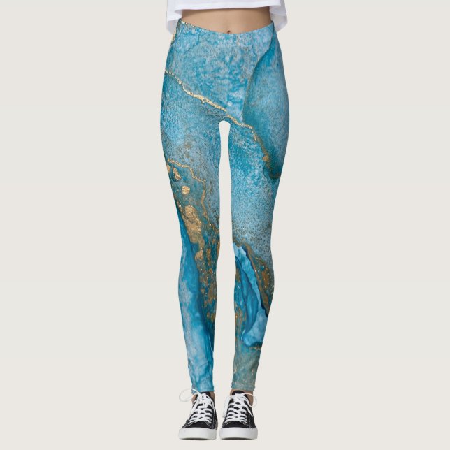 Abstrakt Alcohol Bläck Art Rik Teal & Guld Leggings (Framsida)