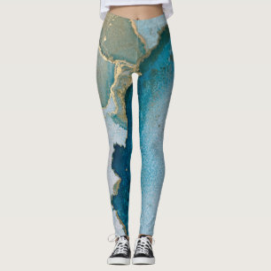 Abstrakt Alcohol Bläck Art Rik Teal & Guld Leggings