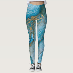 Abstrakt Alcohol Bläck Art Rik Teal & Guld Leggings