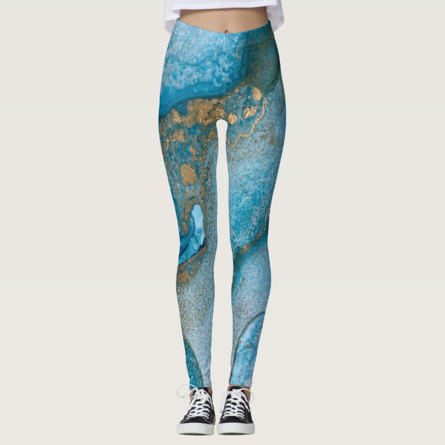 Abstrakt Alcohol Bläck Art Rik Teal & Guld Leggings (Framsida)