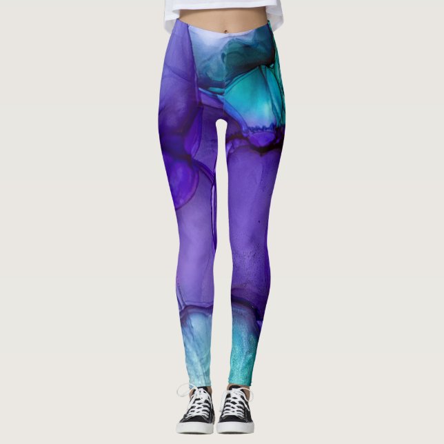Abstrakt Alcohol Bläck Art Rik Teal & Lila Leggings (Framsida)