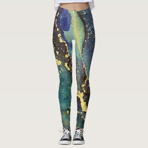 Abstrakt Alcohol Bläck Art Teal Lila Blue Guld Leggings