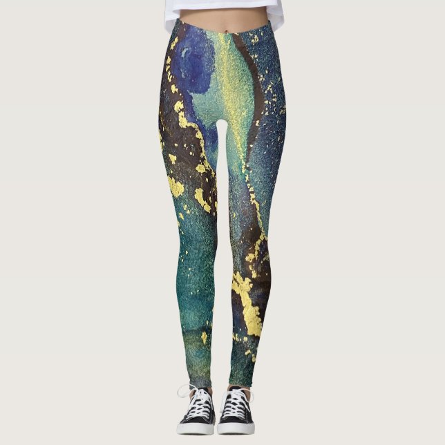 Abstrakt Alcohol Bläck Art Teal Lila Blue Guld Leggings (Framsida)