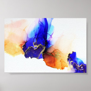 Abstrakt Alcohol Bläck Blue Orange Guld Poster