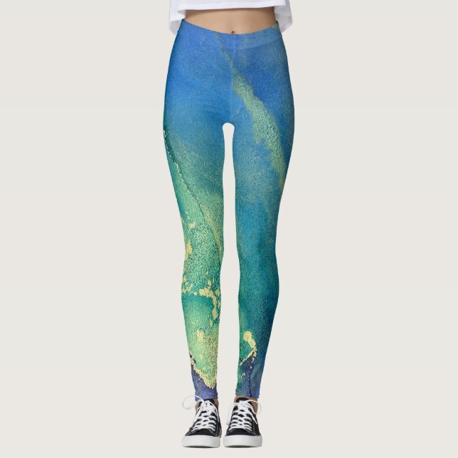 Abstrakt Alcohol Bläck Grönt Lila Blue & Guld Leggings (Framsida)