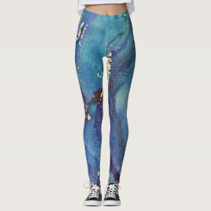 Abstrakt Alcohol Bläck Grönt Lila Blue & Guld Leggings