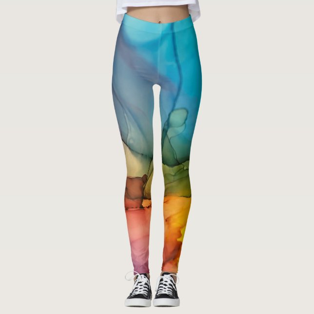 Abstrakt Alcohol Bläck Rainbow Färgad Liquid Art Leggings (Framsida)