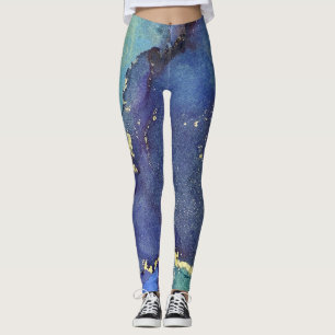 Abstrakt Alcohol Bläck Rik Blue Guld Aqua Leggings