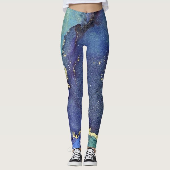 Abstrakt Alcohol Bläck Rik Blue Guld Aqua Leggings (Framsida)