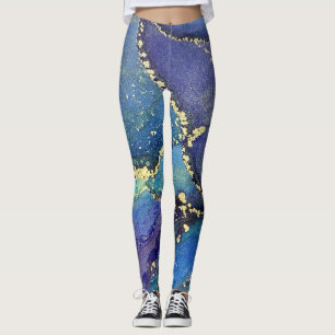 Abstrakt Alcohol Bläck Rik Blue Guld Aqua Leggings
