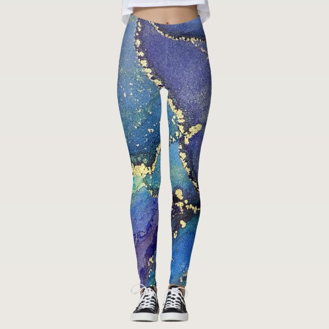 Abstrakt Alcohol Bläck Rik Blue Guld Aqua Leggings (Framsida)