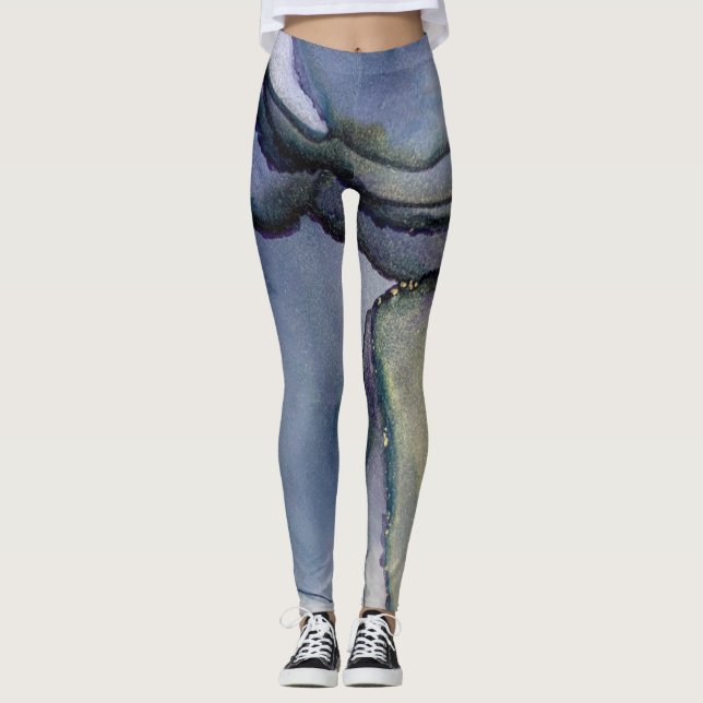 Abstrakt Alcohol Bläck Shimmery Blue & Guld Leggings (Framsida)