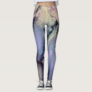 Abstrakt Alcohol Bläck Shimmery Lila och Guld Leggings