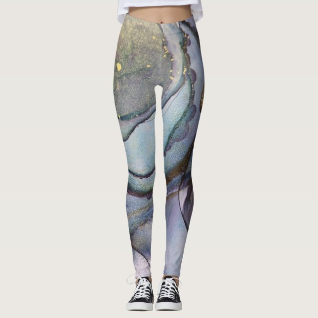 Abstrakt Alcohol Bläck Shimmery Lila Teal Guld Leggings (Framsida)