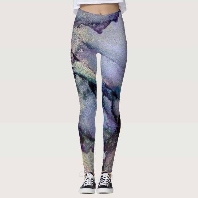 Abstrakt Alcohol Bläck Shimmery Lila Teal Guld Leggings (Framsida)