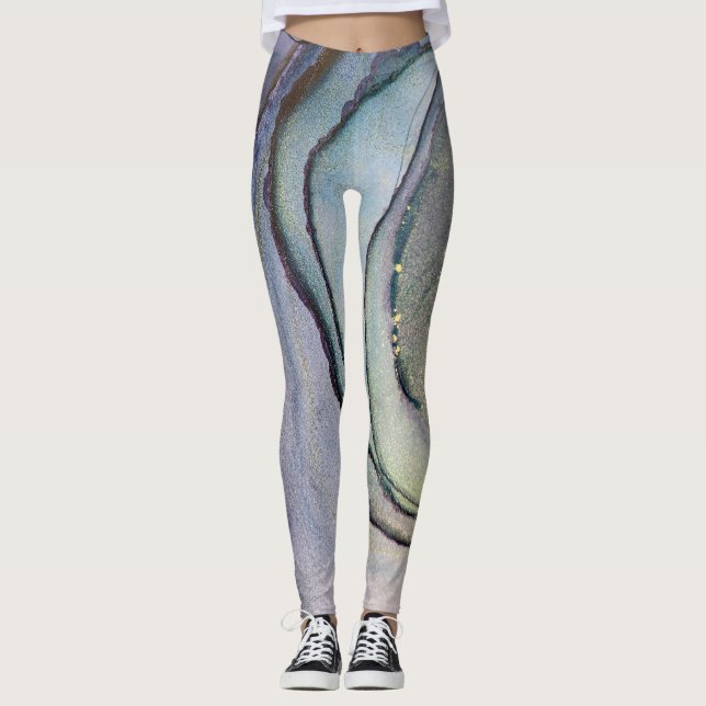 Abstrakt Alcohol Bläck Shimmery Lila Teal Guld Leggings (Framsida)