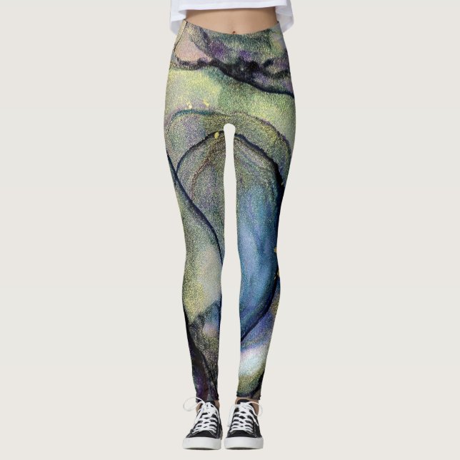 Abstrakt Alcohol Bläck Shimmery Multifärgat Leggings (Framsida)